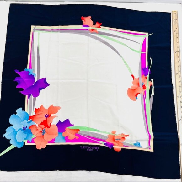 Leonard Paris 100% Silk Scarf 33" Ivery Blue pink purple green floral (79 - Picture 14 of 15